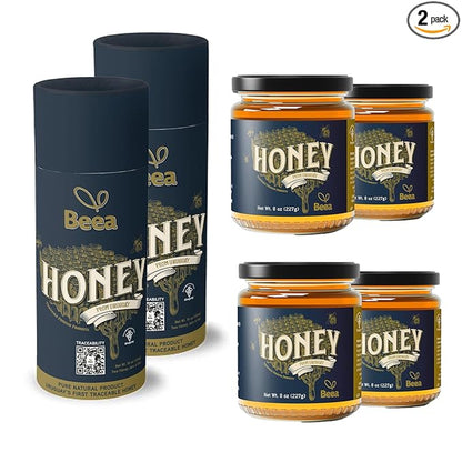 Premium Honey + FREE Wood Dipper | 4 Bottles of 8 Ounces Each (4 x 8 oz)
